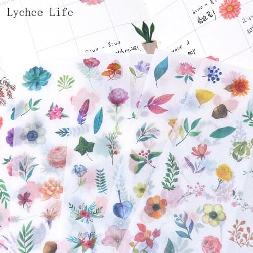 Lychee Life 6Sheets Washi Flowers Plants Stickers DIY Scrapbooking Self-adhesive Paper Sticker Diary Album Card Decor