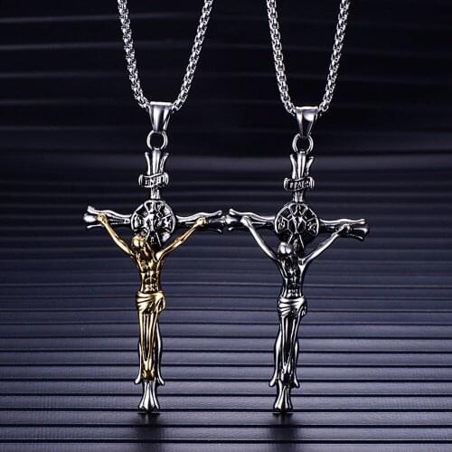 Men Chain Christian Jewelry Gifts Vintage Cross Crucifix Jesus Piece Pendant & Necklace Stainless Steel Jewelry