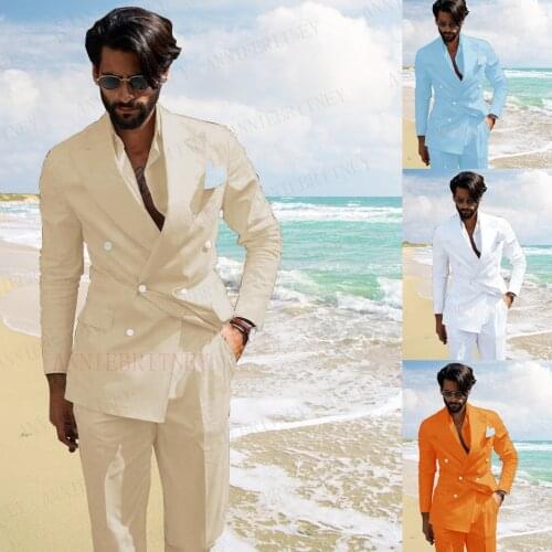 2021 Summer Men Suit 2 piece Beige Linen Beach Double Breasted Blazer Custom Slim Fit Groom Best Man Wedding Tuxedo Jacket Pants