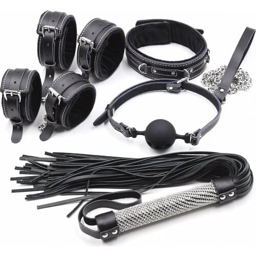 5pcs Black Genuine Leather Bondage Kits Restraints Bdsm Set Sex Handcuffs Ankle Whip Collor Rope Silicone Mouth Gag Erotic Toys
