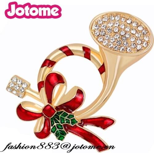 New arrival Christmas Horn Mistletoe Crystal Pin Brooch rhinestone Enamel trumpet pin