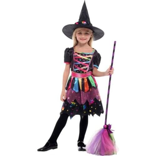 Girls Halloween Witch Dress Rainbow Tulle Cosplay Mujer Kids Carnival Party Dress Children Fancy Costume For Role-Playing Games