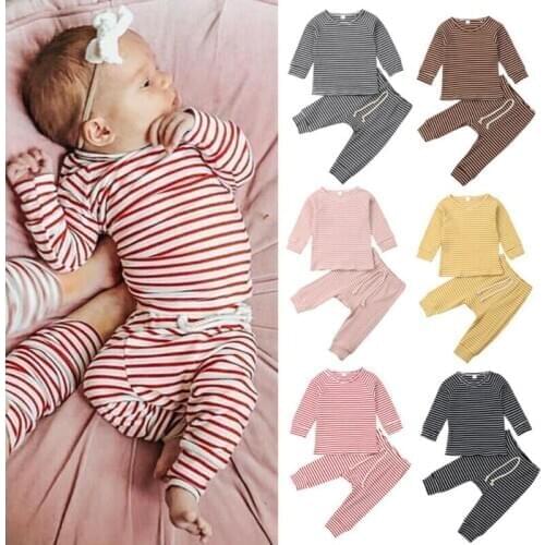 PUDCOCO Newborn Kid Baby Boy Girl Clothes Comfy Striped T-shirt Tops Long Pants Outfit Set 0-24M