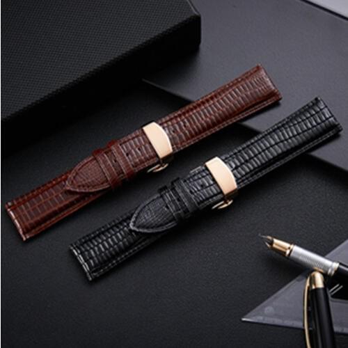 12 14 16 18 20 22 24mm Mens Ladies Black Genuine Lizard Leather Watch Strap Band Buckle Butterfly Stainless Steel Buckle Clasp