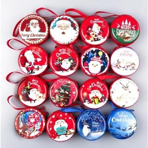 Brilljoy New Christmas Children Coin Box Creative Gift Coin Purse Tinplate Mini Red Round Bag Headset Key Zipper Bag 8 Color