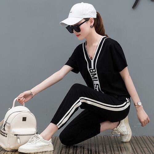 Leisure Sporting suit set 2019 summer New Cotton Ladies suit Large size two piece set fashion Sports suit female Youth clothing