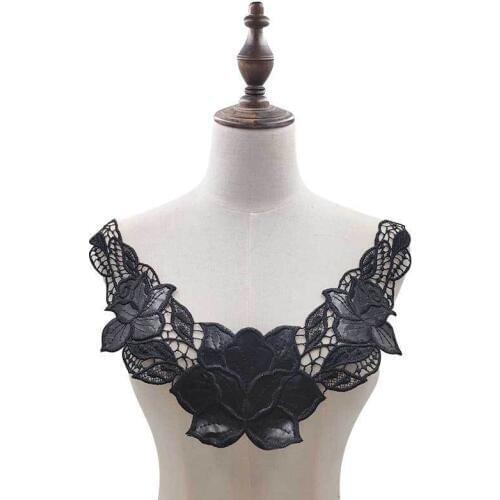 Stylish Black PU Embroidery Collar Neckline Lace Trim Floral Embroidered Applique Dress Garment Embellishments Sewing Decoration