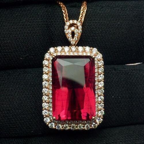 Tourmaline Pendant Fine Jewelry Real 18 K Gold 100% Natural Rubi Tourmaline 12.5ct Gemstones Diamond Pendant Necklace