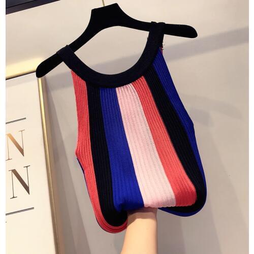 2020 summer new female O-neck Striped knit blouse womens sleeveless knitted shirts women colorblock elegant shirt