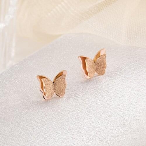Elegant No Fading Rose Gold Frosted Butterfly Stud Earrings For Women Trendy Female Wedding Party Ear Jewelry Femme Gift