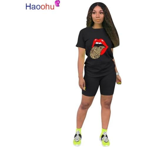 Mouth Lips Print Two Piece Set Summer Clothes For Women O Neck Short Sleeve T Shirt And Bodycon Shorts Sweat Suits Matching Sets