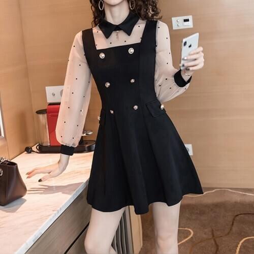 New Korean Turn Down Collar Slim Women Dress Long Sleeve Patchwork Dresses A Line Black Elegant Vintage shirt Dress 822E