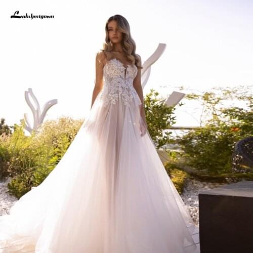 Blush Bohemian Dress Bridal 2021 Sexy A-Line Tulle Beach Wedding Dresses Robe Longue Off the Soulder Wedding Gowns Lace Applique