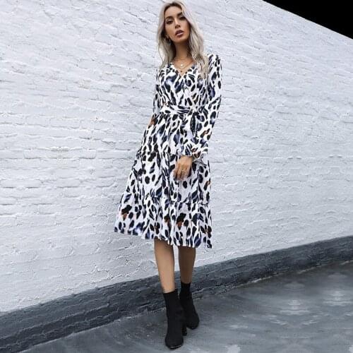 Flare Sleeve Leopard Print Bandage Ruffle V Neck Dress Women Casual Loose Temperament Elegant Streetwear Office Lady Dresses