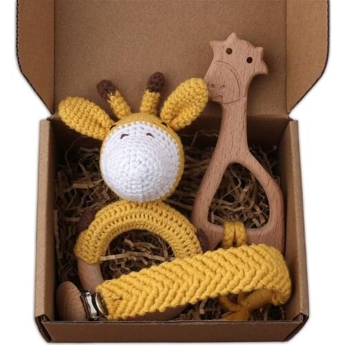 1 Set Baby Crochet Rattle Pacifier Clip Chain Dummy Holder Crochet Wooden Teething Ring Soother Infants Chewing Toys