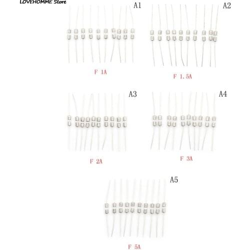 10Pcs/lot 3.6*10mm 250V 1A/1.5A/2A/3A/5A Double iron cap Axial Slow Glass fuse with lead wire Mix Set
