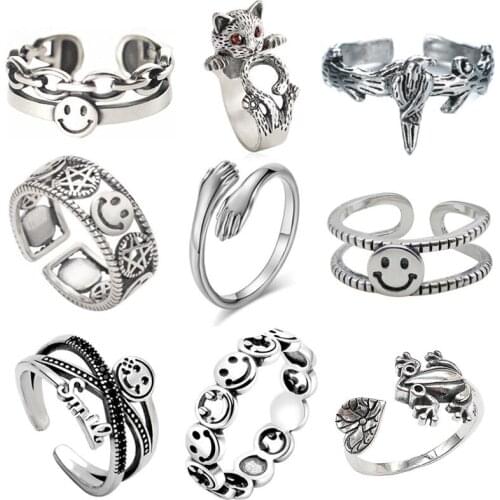 Antique Silver Color Metal Punk Open Adjustable Design Animal Smiling Face Exaggerated Finger Ring For Women Men Party Jewelry