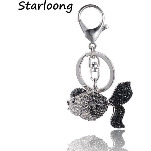 High Quality Drip Alloy Keychain Chaveiro drop oil Glaze black goldfish rhinestone crystal beads KeyChain stainless Key Ring