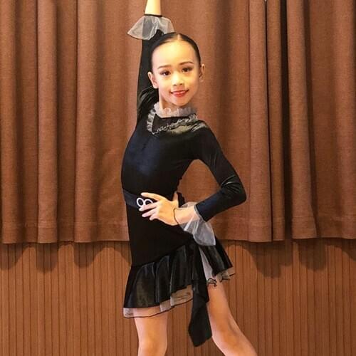 Children Latin Dance Clothing Girls Black Dress Ruffle Mesh Princess Dress Latin Practice Wear Samba Cha Cha Show Costume BL5030