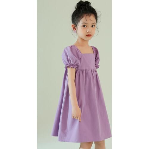 Girls purple Princess dress Summer Sweet Square Collar Puff Sleeve Children Brief Dress for Party and Wedding 4 5 7 9 11 13 Year