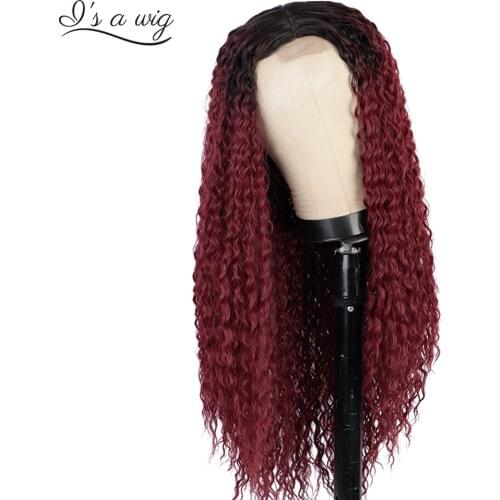 Is a wig Long Kinky Curly Synthetic Wigs for Black Women Ombre Red Wigs Middle Part Black Mix Brown Daliy Use Hairs