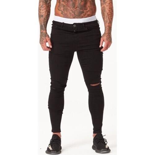 Melody Black Hip Hop Style Jeans Denim Wash Supper Skinny Mens Ripped Jeans Muscle Male High Elastic Distressed Spray On Jeans