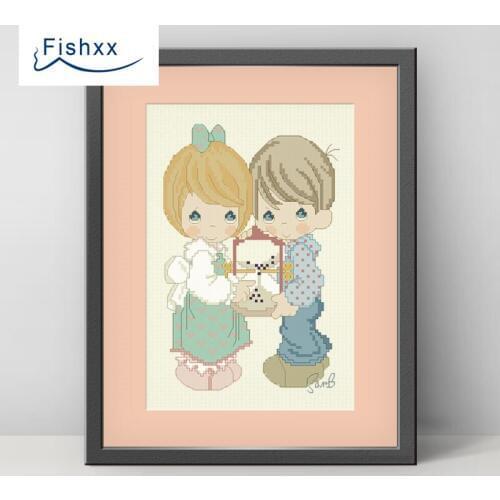 European Style Idyllic Cartoon Characters Fishxx Cross Stitch Kit H084 Couple And Hourglass Hand Sewing