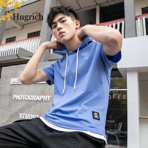 False Two Short Sleeve T-Shirt Mens Hoods Casual Loose Summer New Solid Color Stitching Cotton Top Tee
