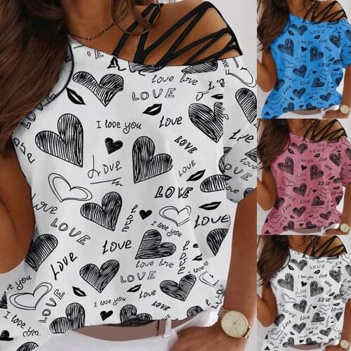 Summer Women Fashion Casual Shirts Summer Top Tee Tops Tee-shirts Plus Size One Shoulder Heart Print Oversize T-shirt Ropa Mujer