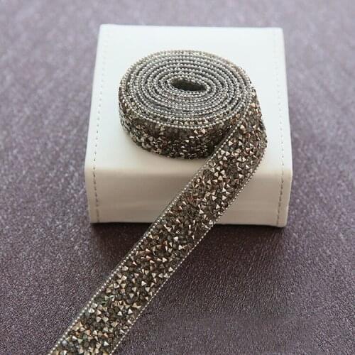 50cm Iron On Rhinestone Tape Grey Silver Hotfix Gemstone Lace Trim Hot Drilling Beaded Chain Ribbons Bridal Dress Belt Banding