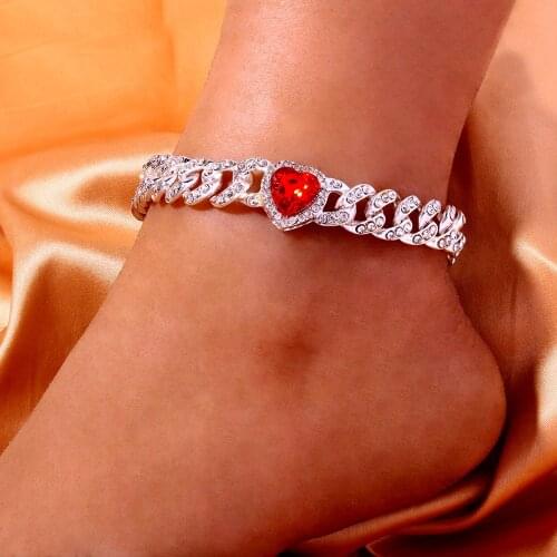 Fashion Barefoot Heart Sandal Anklet Rhinestone Chain Bracelet for Women Rapper New Ice Out Cuban Link Anklets Wholesale Jewelry