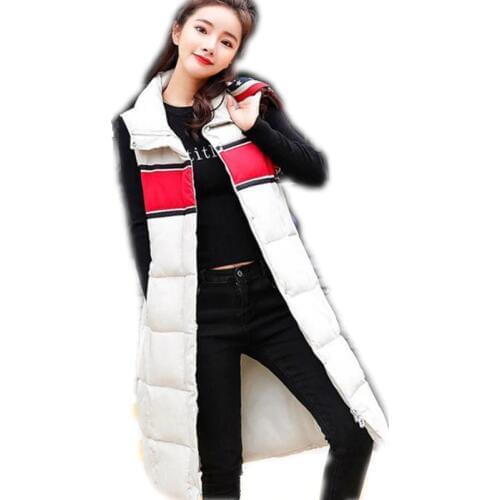 Fashion Patchwork Color Autumn Winter Long Women Vest 2018 Stand-Collar Down Cotton Button Slim Waistcoat Female Casual VestQ611