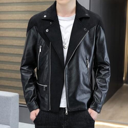 Splicing Oblique Zipper Mens Leather Jackets 2021 Autumn Motorcycle Bike Jacket Casual Slim Streetwear Turn Down Collar Coat