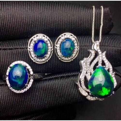 100% Real Natural Black Opal Set Natural And Real Black Opal Jewelry set 925 sterling silver 1pc Ring,1pc Pendant,2pcs Earring