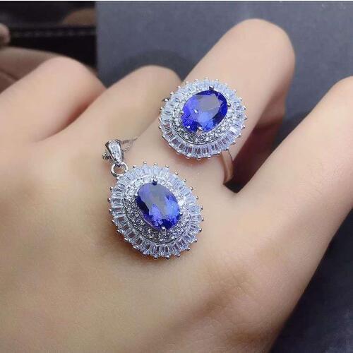 Real Natural Tanzanite jewelry set Natural Real Tanzanite 925 sterling silver 1pc pendant,1pc ring