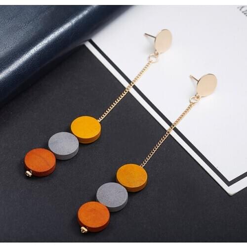 New fashion coloured round wood Tassel Earrings simple Long pendant stud earrings girl Jewelry gift Hot Sale Earring