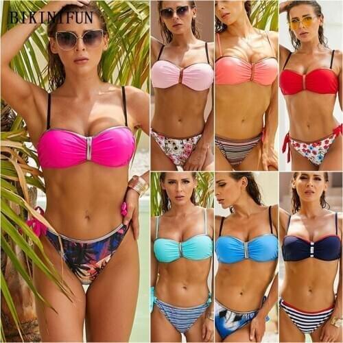 2021 New Sexy Smocked Swimsuit Women Solid Color Swimwear Floral Striped Beachwear S-XL Girl Sied Tied Bathing Suit Bikini Set