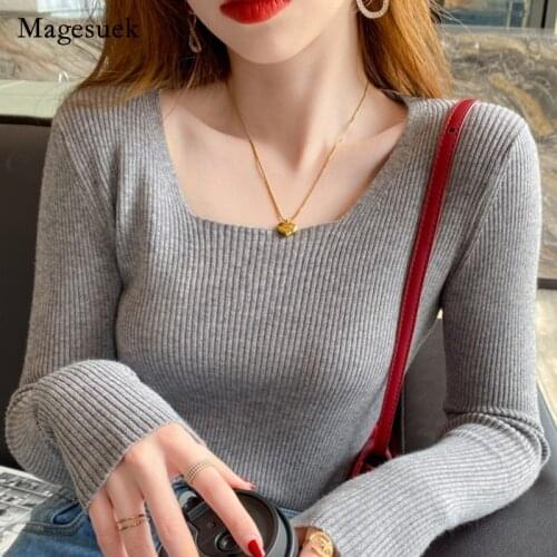2021 Autumn Sweater Women Slim Slimming Blouse Sweater Tide Square Neck Knitted Bottoming Shirt Sweater Women New Style 16180
