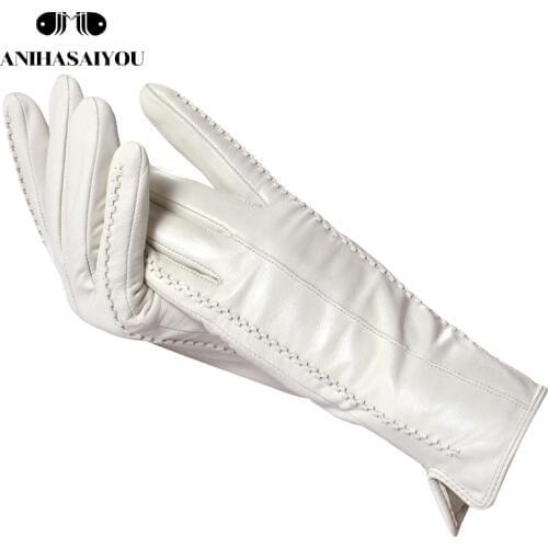 White leather womens gloves, Genuine Leather, cotton lining warm, Fashion leather gloves, leather gloves warm winter-2226