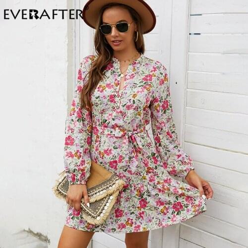 EVERAFTER Elegant Floral Print Women Midi Dress V-neck Button Sashes Long Sleeve Ladies High Waist Holiday Casual Autumn Dress