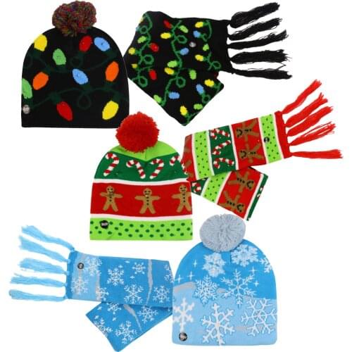 Behogar Christmas Hat and Scarf Wool Knitted Warm Elastic Hats with Led Lights Christmas Pattern Xmas Gifts for Kids Adults