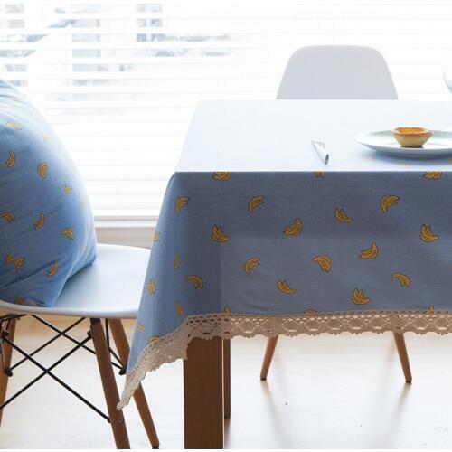 Banana Print Tablecloth Lace Edge Linen Simple Pattern Washable Lace Table Cloth for Coffee Dinner Wedding Banquet