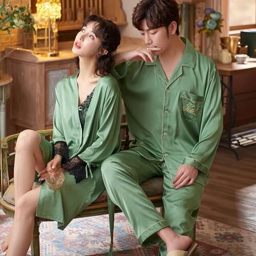 Summer Autumn Rayon Men Long Sleeve Pants Sleepwear And Women Lace Trim Robes Sets Couple Kimono Pajamas
