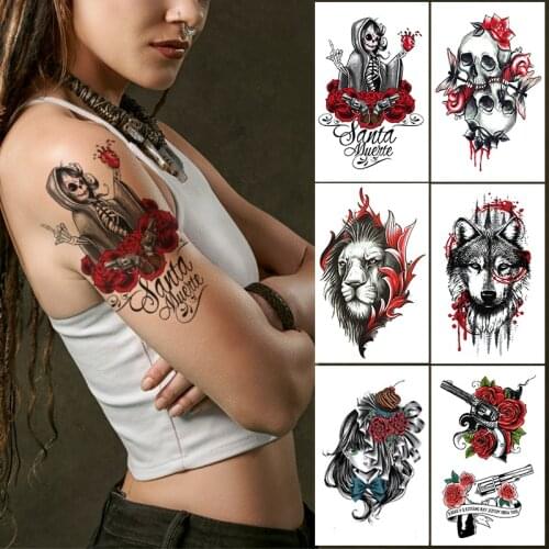 Temporary Tattoos Sticker Realistic Fake Waterproof Skull Tiger wolf Rose Tatoos For Women Girl Body Art Arm Waist Legs Tattoo