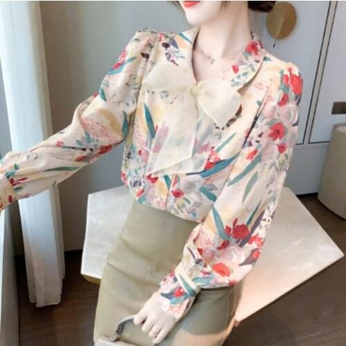 2021 Spring Womens New Elegant Bow Tied Floral Print Shirt Female Long Sleeve Doll Collar Ladies All-Match Blouse Tops