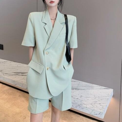 2021 Summer Blazer Suits Women Korean Style Think Short Sleeve Blazer Jacket + Loose Shorts Casual 2 Piece Set Office Lady Y2k