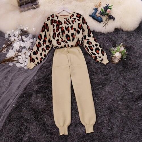 Amolapha Women Leopard Knitted Sweater Tops+Solid Pants Sets Long Sleeve Jumpers Trousers Suits for Woman