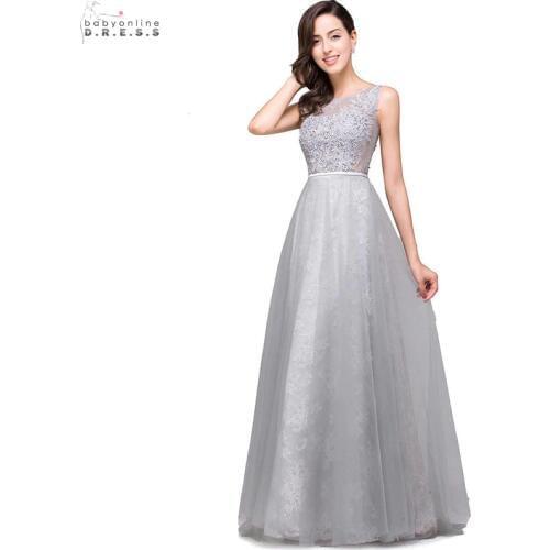 24 Hours Shipping Silver Lace Long Evening Dress Elegant A-line Backless Evening Party Dresses In Stock Robe De Soiree