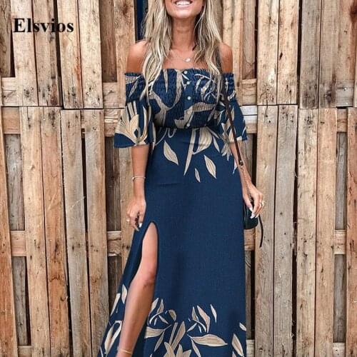 2021 Autumn Elegant Off Shoulder Party Dress Women Fashion Elastic Button Split Long Dress Summer Leaf Print Flare Sleeve Dress