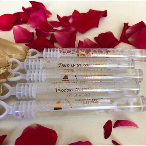 60 Personalised Rose Gold Name Sticker Wedding Bubble Labels Personalized anniversary waterproof Tube Bottles Favors Tag Clear